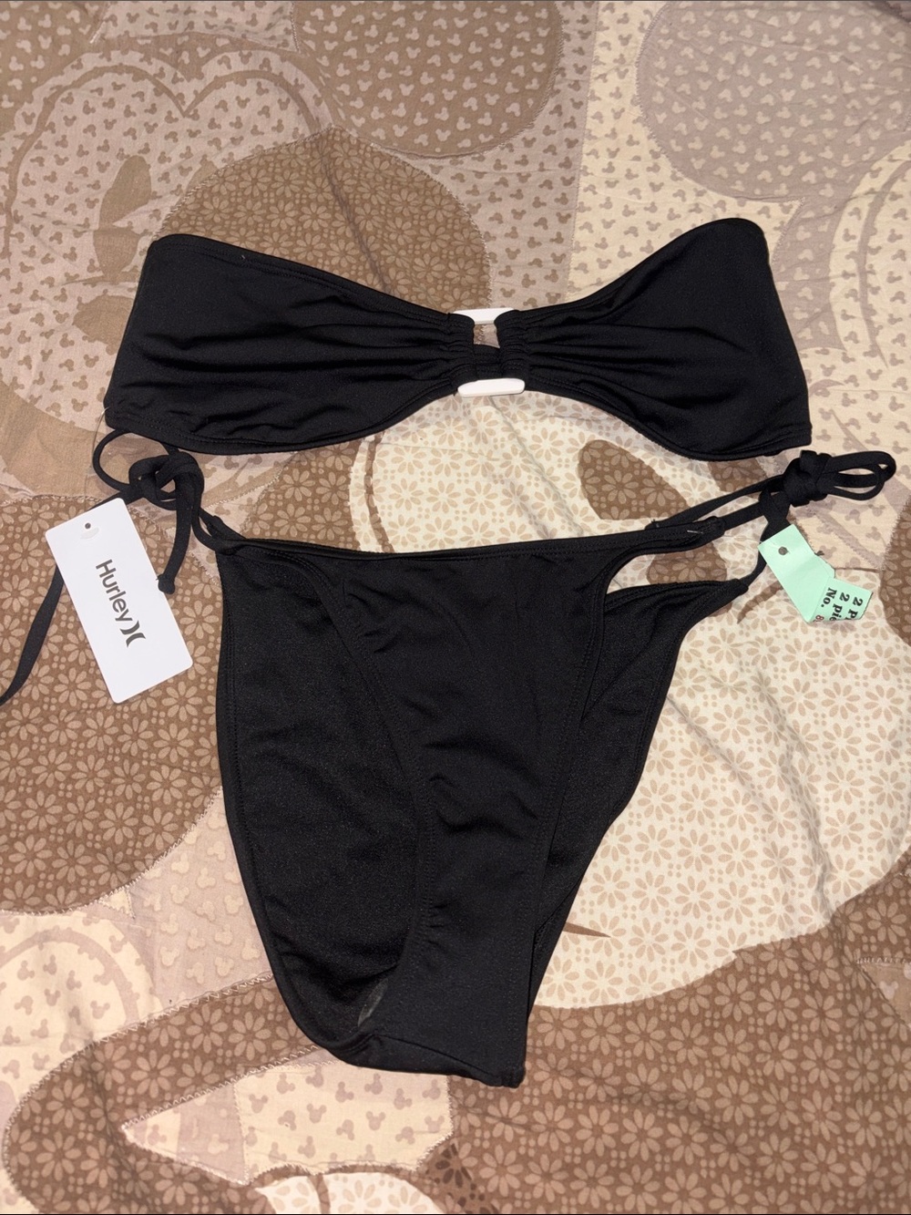 Hurley Black Bandeau Tie-Side Bikini Set with Center Accent